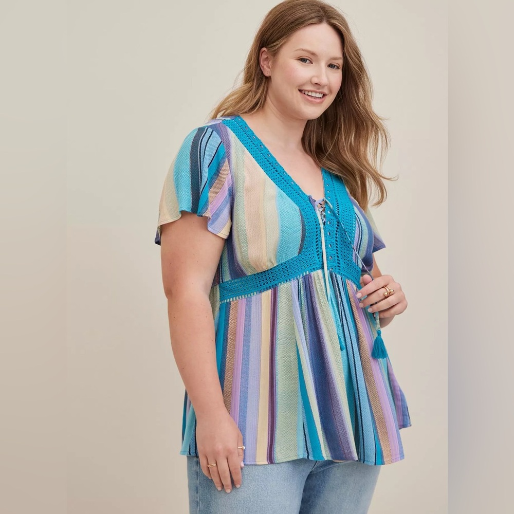 torrid Teal Multi-Color Striped Crochet-Trim Babydoll Top